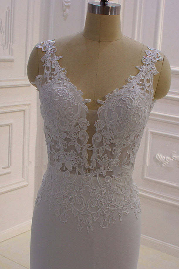 Chicloth Simple Mermaid Tulle Wedding Dress Straps Sleeveless V-Neck Bridal Gowns On Sale