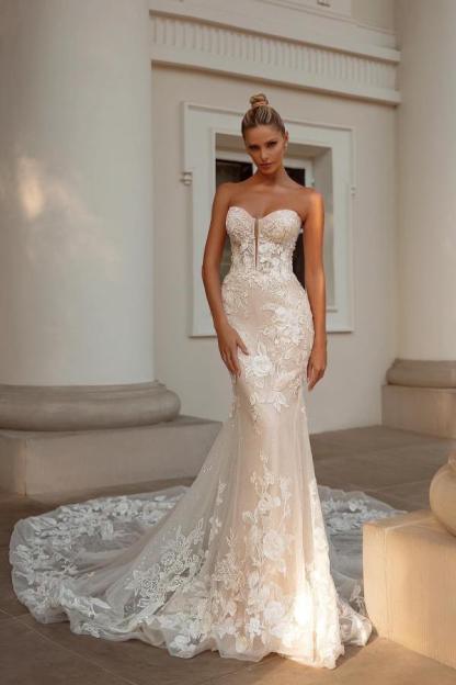 Chicloth Sweetheart Champagne Wedding Dress Mermaid Long With Appliques
