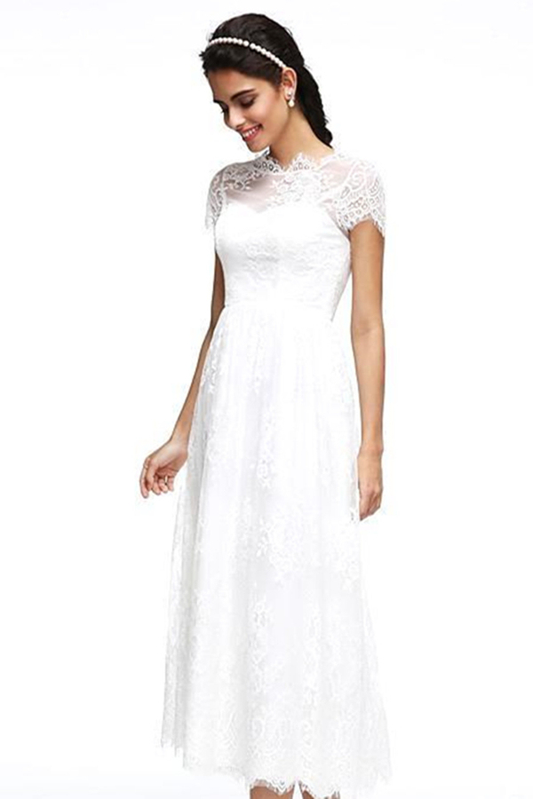 A-Line Wedding Dresses Jewel Neck Tea Length Lace Short Sleeve Simple Casual Illusion Backless