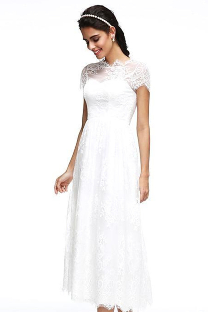 A-Line Wedding Dresses Jewel Neck Tea Length Lace Short Sleeve Simple Casual Illusion Backless