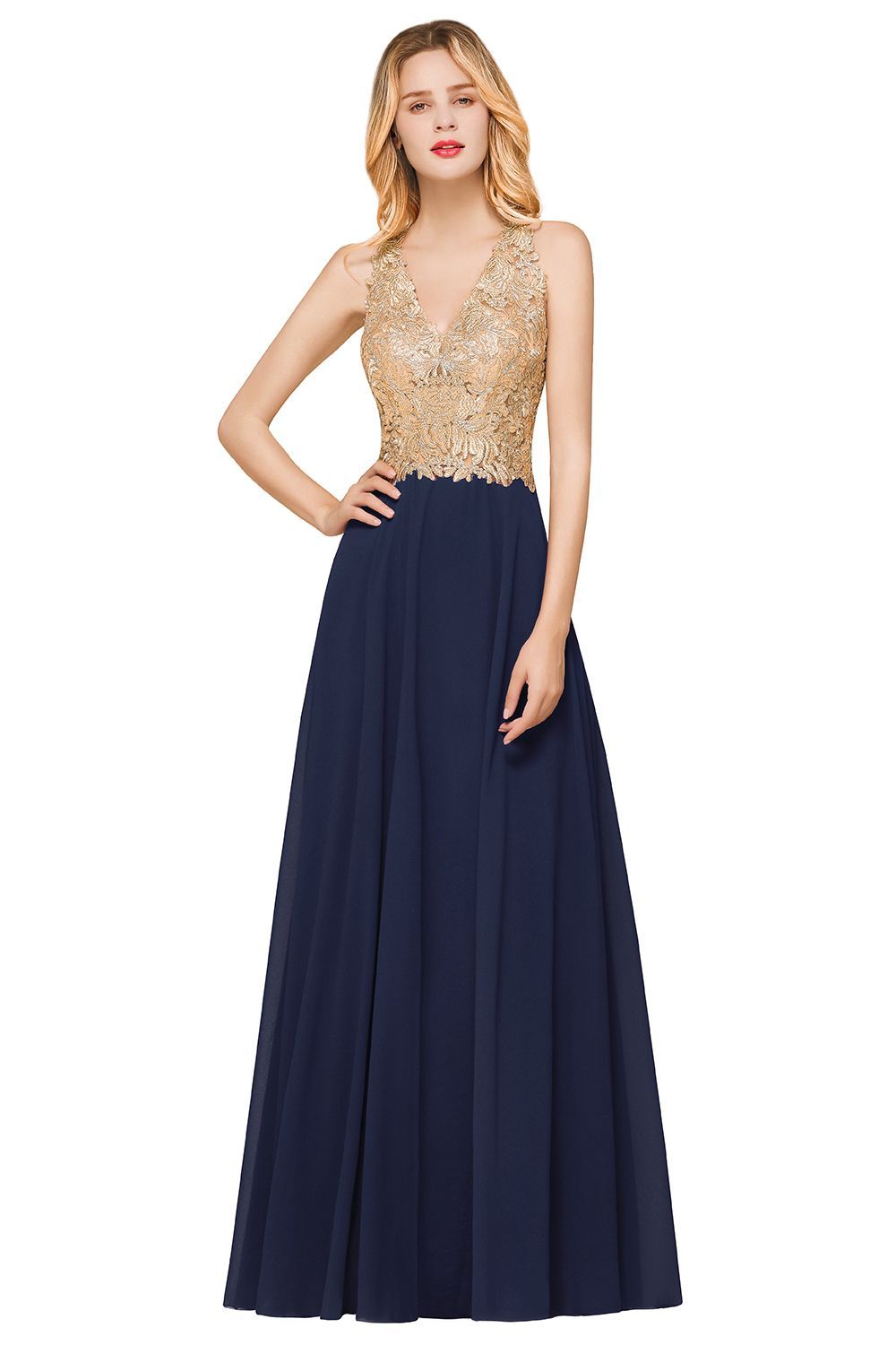 Chicloth Gorgeous V-Neck Burgundy Prom Dress Long Sleeveless Evening Gowns With Appliques