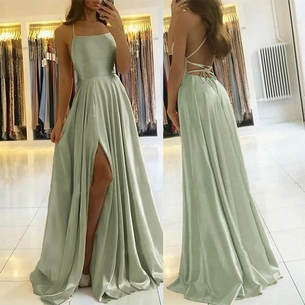 Chicloth Spaghetti-Straps Dusty Sage Prom Dress Long Split