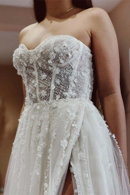Chicloth Sweetheart Pearls Wedding Dress Tulle Long On Sale