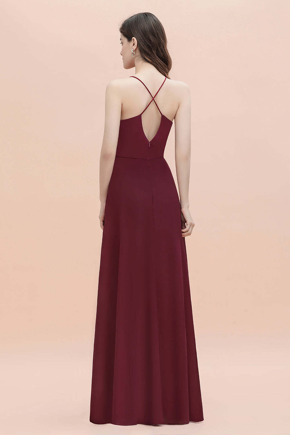 Chicloth Sexy V-neck Burgundy Chiffon Bridesmaid Dress Spaghetti Straps Lace Sequins Evening Dress