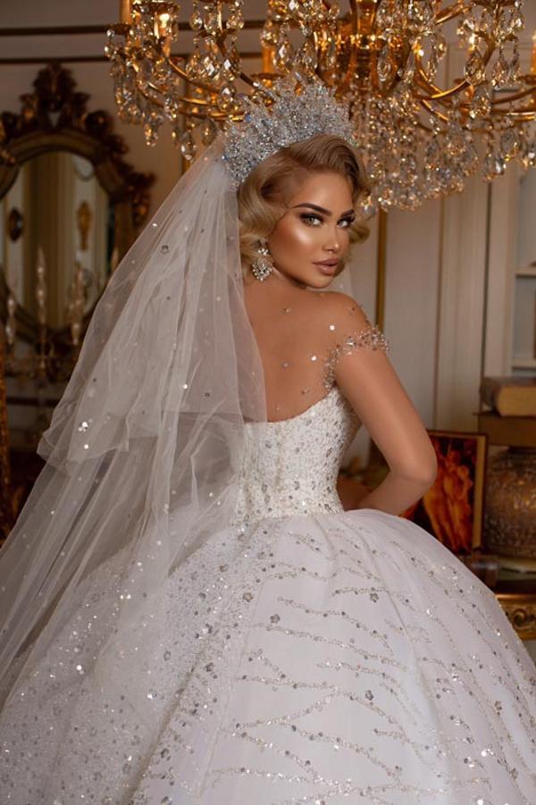 Chicloth Ball Gown Wedding Dress Sheer Top With Crystal Beads