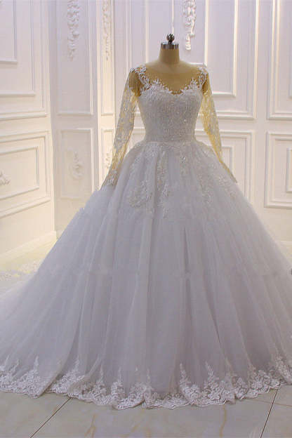 Chicloth Ball Gown Tulle Appliqus Wedding Dress Long Sleeves Jewel Beading Ruffles Bridal Gowns On Sale