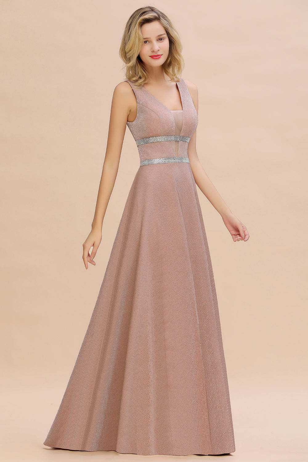 Chicloth Shinning V-Neck Sleeveless Long Prom Dress Online With Zipper Back
