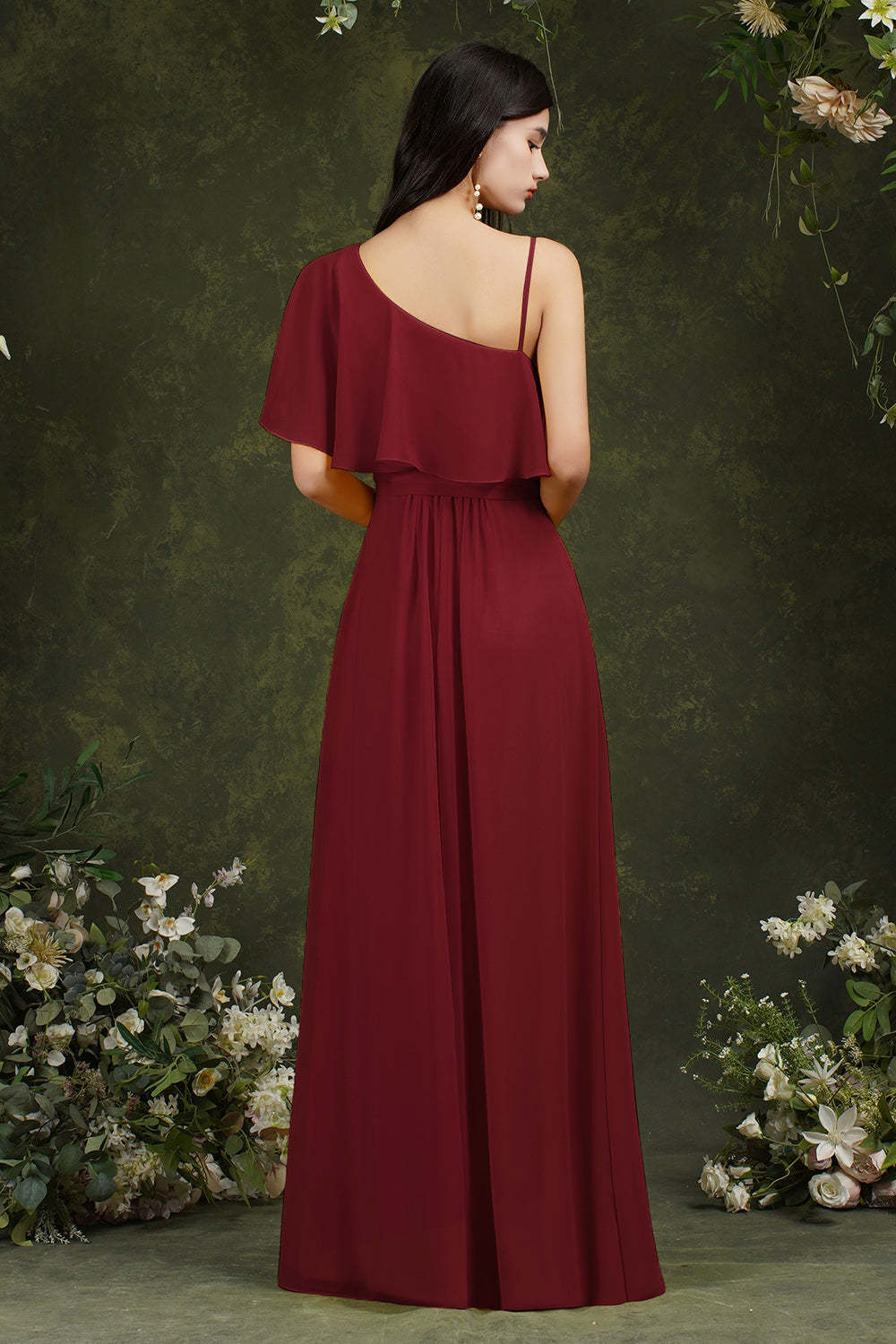Chicloth One Shoulder Ruffles Bridesmaid Dress Long With Slit