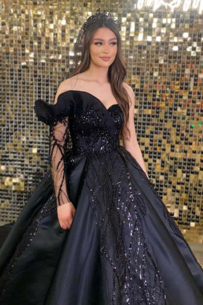 Chicloth Black Long Sleeve Prom Dress One Shoulder Ball Gown With Beads