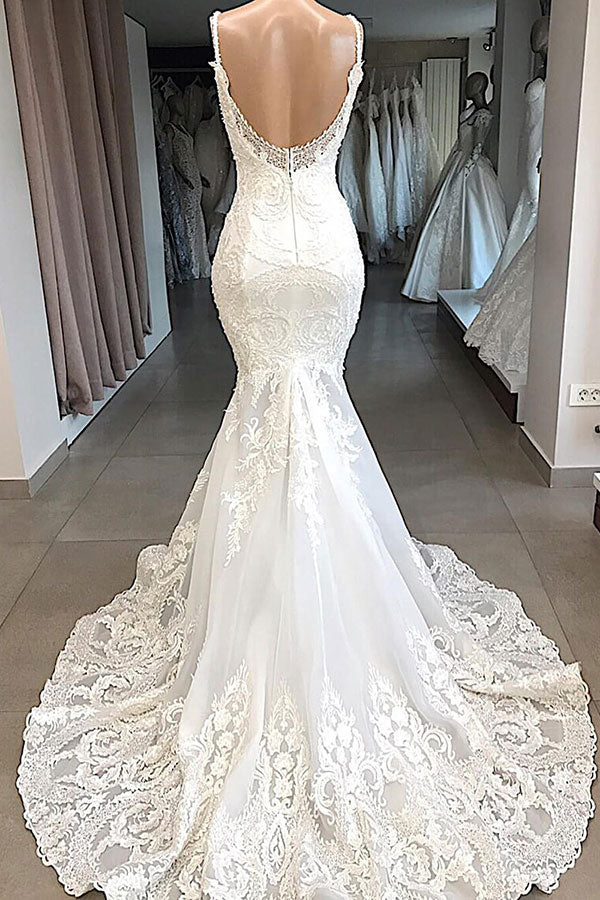 Chicloth Glamorous Spaghetti Straps Ivory Mermaid Wedding Dresses With Appliques Sleeveless Lace Bridal Gowns On Sale