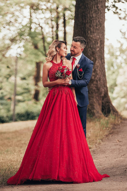 Red Halter Glitter A-Line Evening Gown Sparkly Sleeveless Floor Length Party Dress
