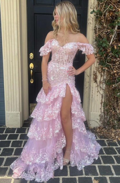 Off-the-shoulder Sweetheart Tulle Sequins Split Front A-Line Prom Dresses