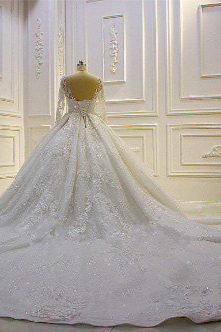 Chicloth Luxury Ball Gown Lace Appliques Beading Wedding Dress Long Sleeves Ruffles Bridal Gowns On Sale