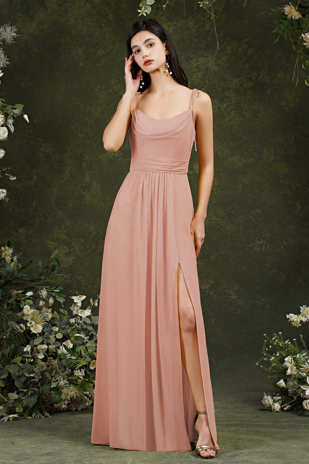Chicloth Spaghetti-Straps Bridesmaid Dress Chiffon With Slit