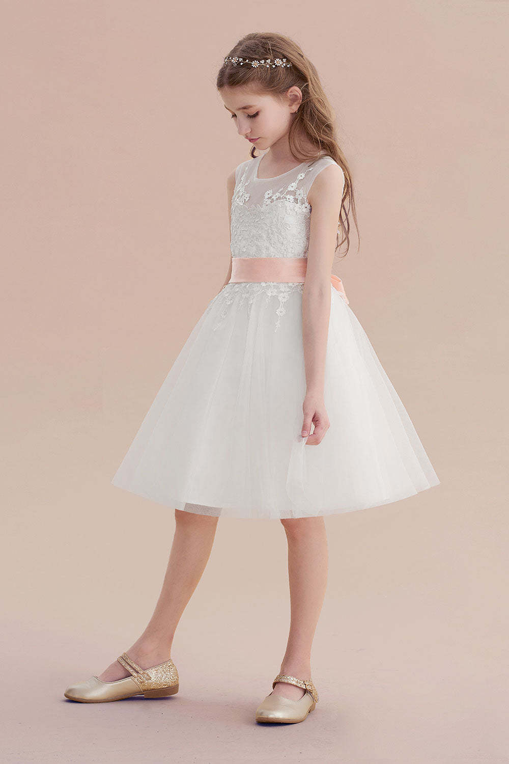 Chicloth A-Line Illusion Appliques Tulle Flower Girl Dress Online
