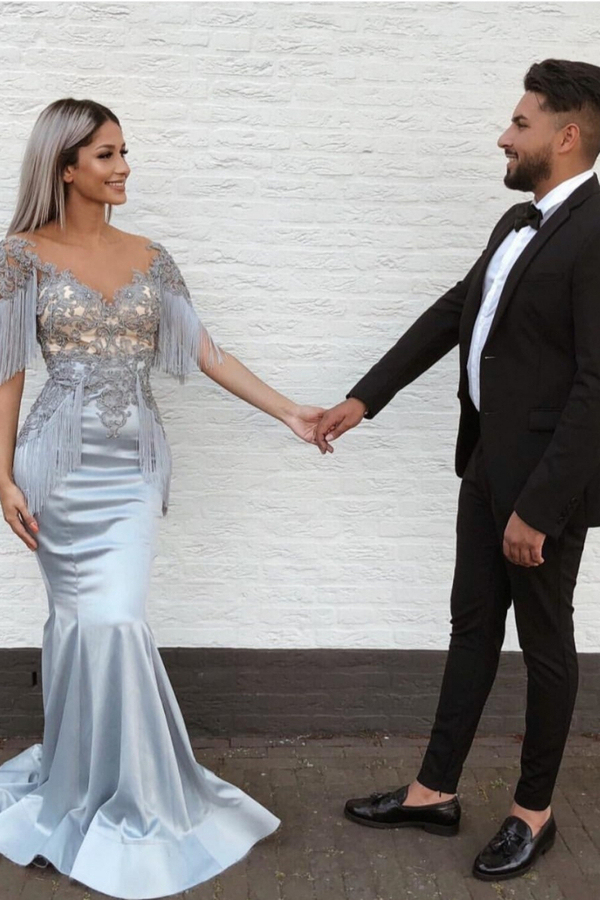 Mermaid Lace Appliqué Tassel Prom Dress | Short Sleeve V-Neck Evening Gown