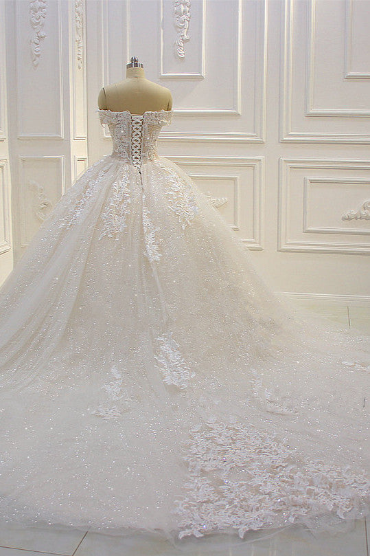Chicloth Luxury Ball Gown Strapless Tulle Wedding Dress Lace Appliques Sleeveless Sequined Bridal Gowns On Sale
