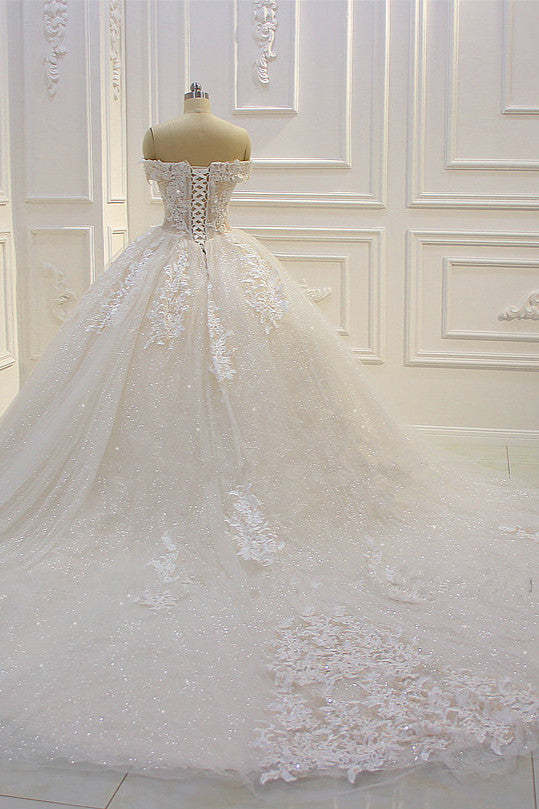 Chicloth Luxury Ball Gown Strapless Tulle Wedding Dress Lace Appliques Sleeveless Sequined Bridal Gowns On Sale