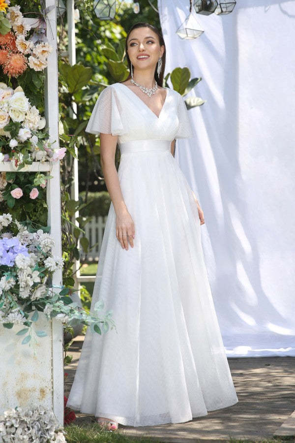 Chicloth Short Sleeves White Birdesmaid Dress Long Chiffon V-Neck