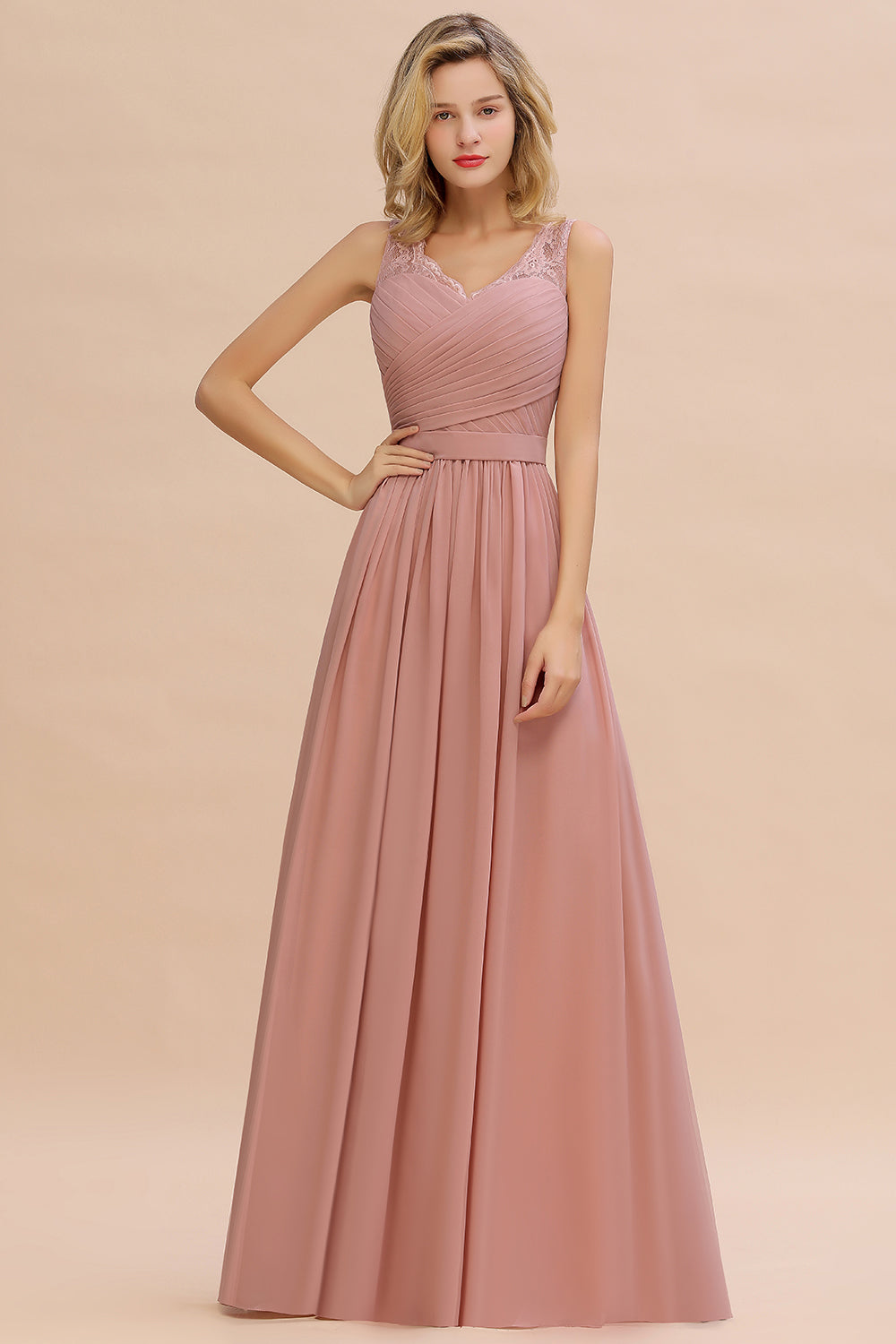 Chicloth A-line Chiffon Lace V-Neck Ruffles Bridesmaid Dress