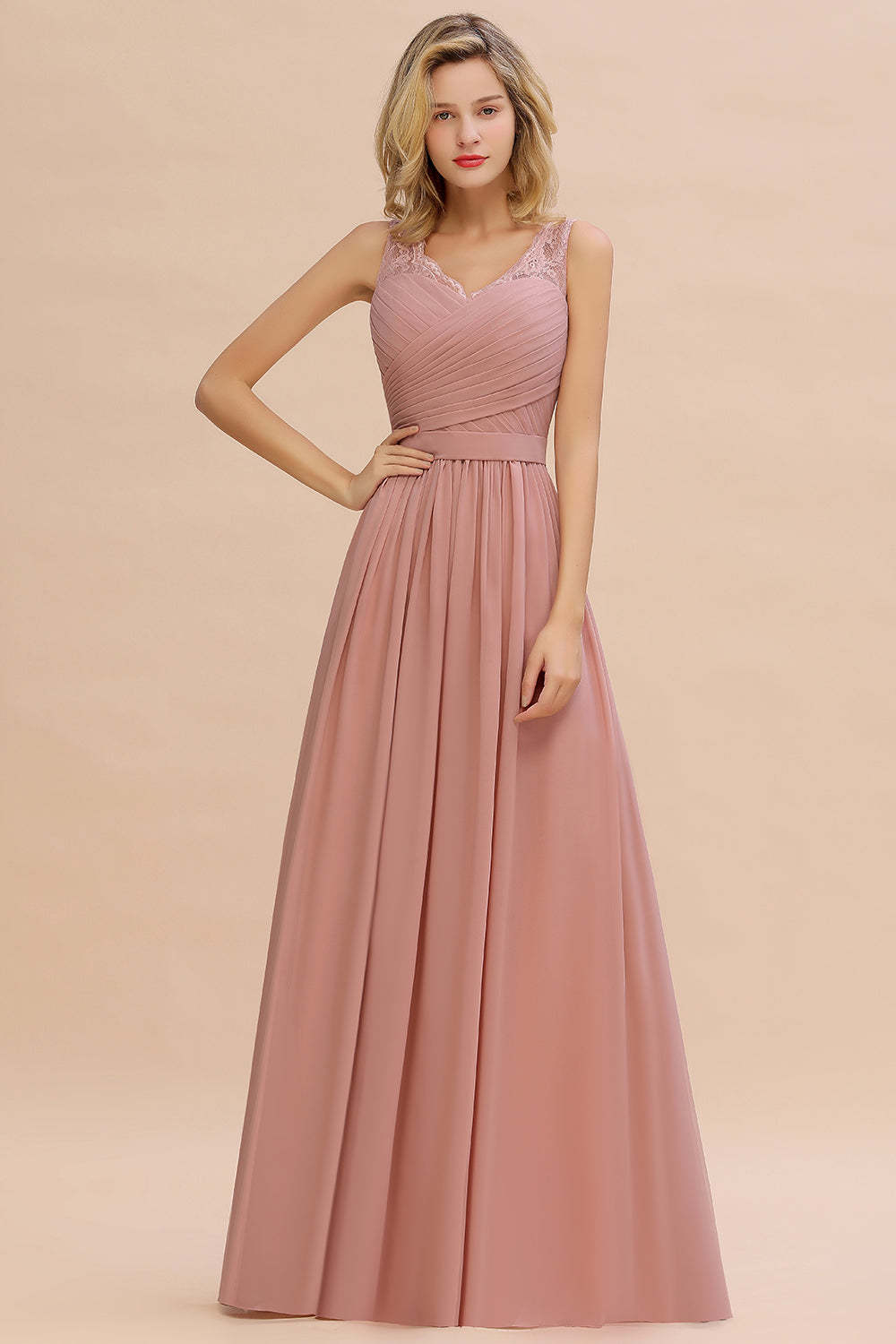 Chicloth A-line Chiffon Lace V-Neck Ruffles Bridesmaid Dress