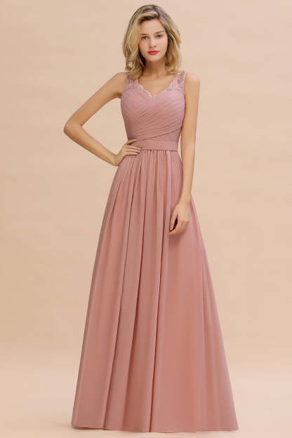 Chicloth A-line Chiffon Lace V-Neck Ruffles Bridesmaid Dress