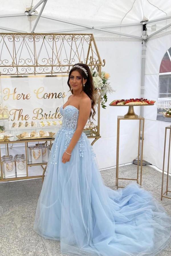 Blue Evening Dresses with Lace | Long Cheap Prom Dresses