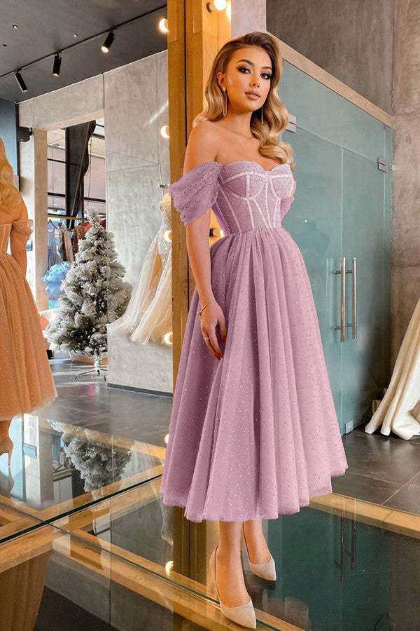 Cheap Off-the-Shoulder Sequins Tulle Short Prom Dress