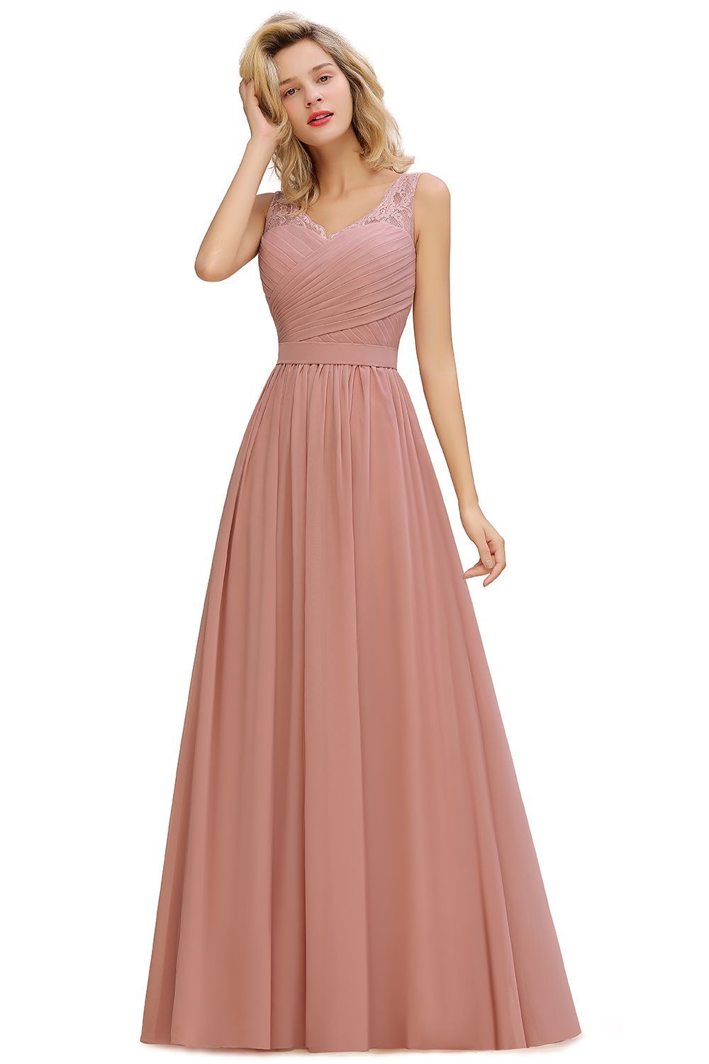 Chicloth A-line Chiffon Lace V-Neck Ruffles Bridesmaid Dress
