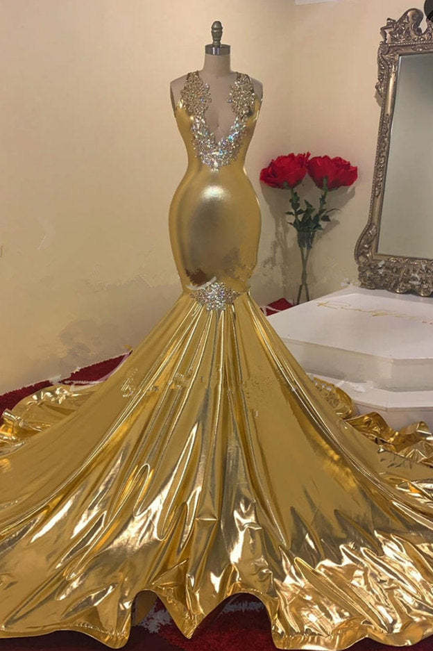 Chicloth Gold V-Neck Prom Dress Mermaid Sleeveless With Appliques