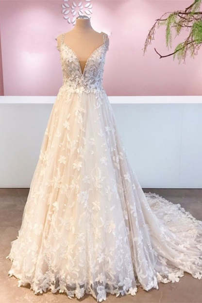 Chicloth Straps Beadings Wedding Dress V-Neck Bridal Gowns With Appliques