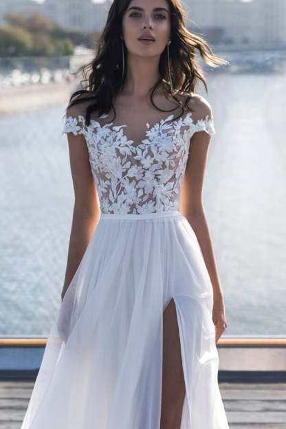 Chicloth Cap Sleeves Appliques Wedding Dress Long With Split