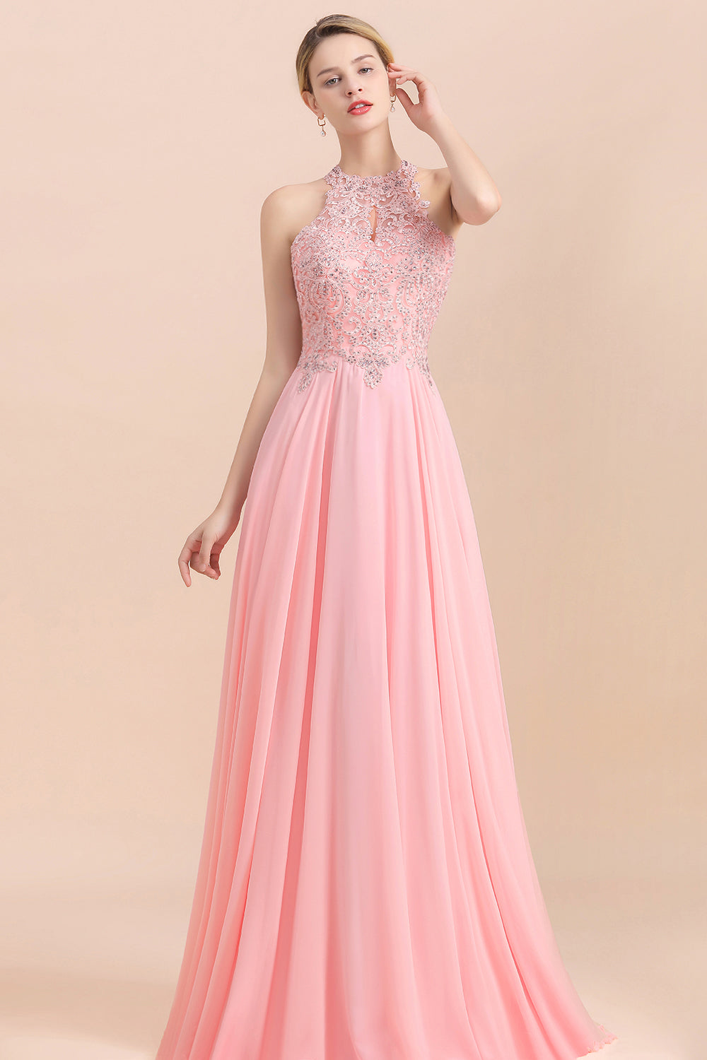 Chicloth A-line Chiffon Lace Ruffles Bridesmaid Dress with Beadings