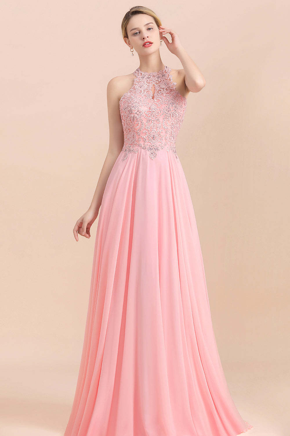 Chicloth A-line Chiffon Lace Ruffles Bridesmaid Dress with Beadings