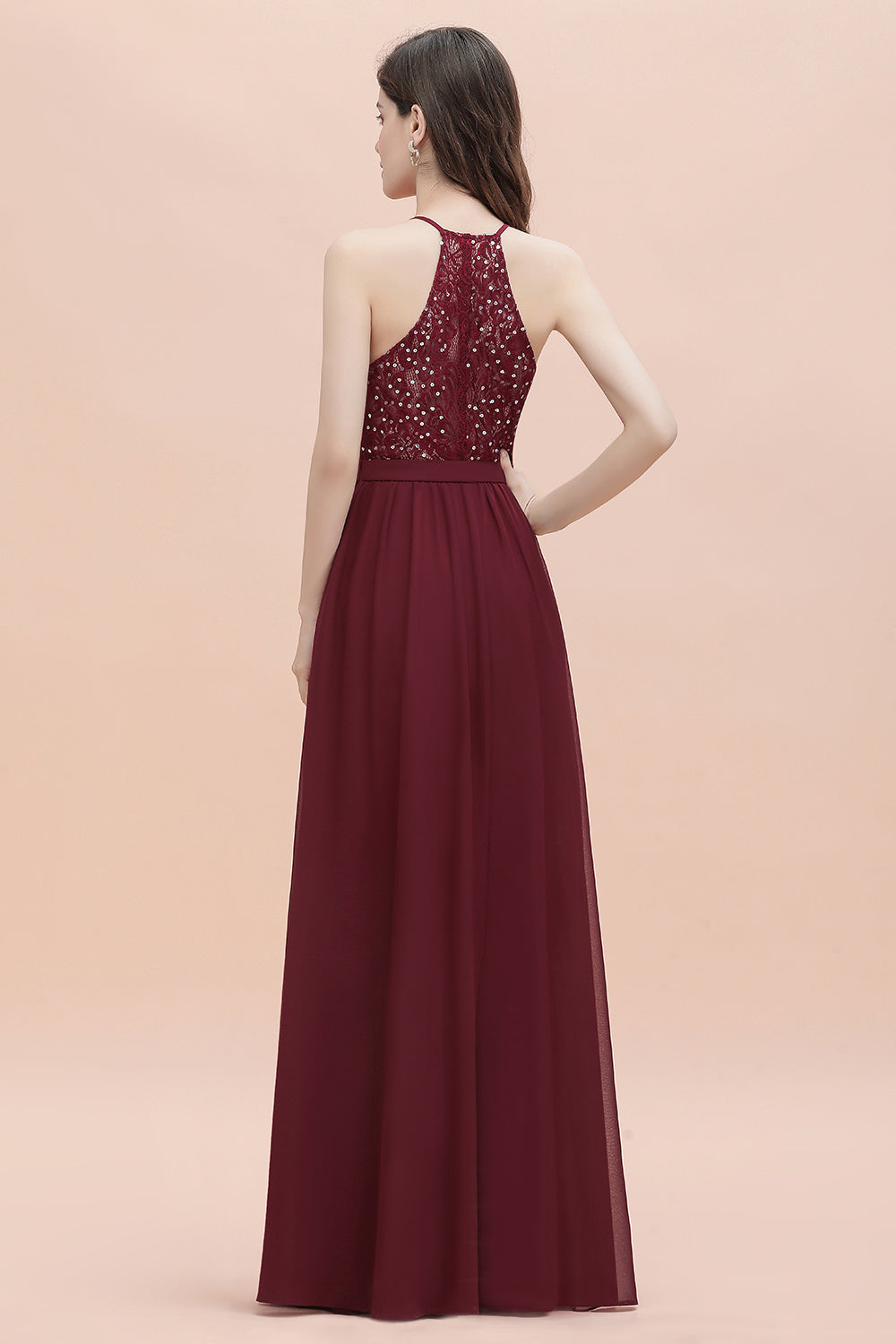 Chicloth A-Line Lace Burgundy Bridesmaid Dress Lace Sequins Sleeveless Evening Dress