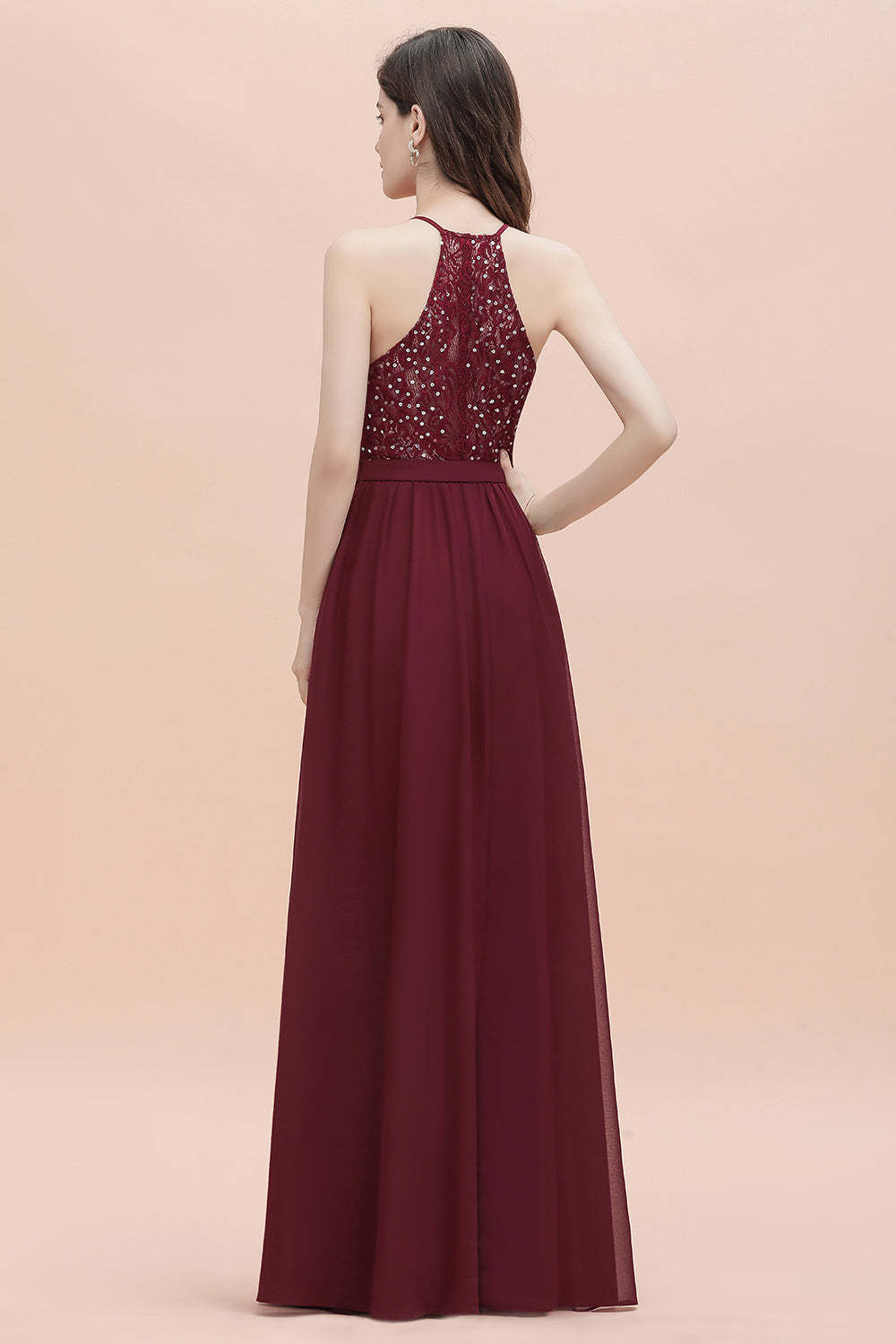 Chicloth A-Line Lace Burgundy Bridesmaid Dress Lace Sequins Sleeveless Evening Dress