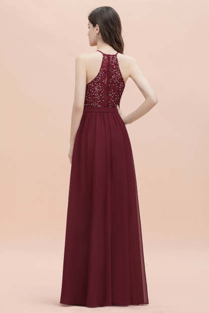Chicloth A-Line Lace Burgundy Bridesmaid Dress Lace Sequins Sleeveless Evening Dress