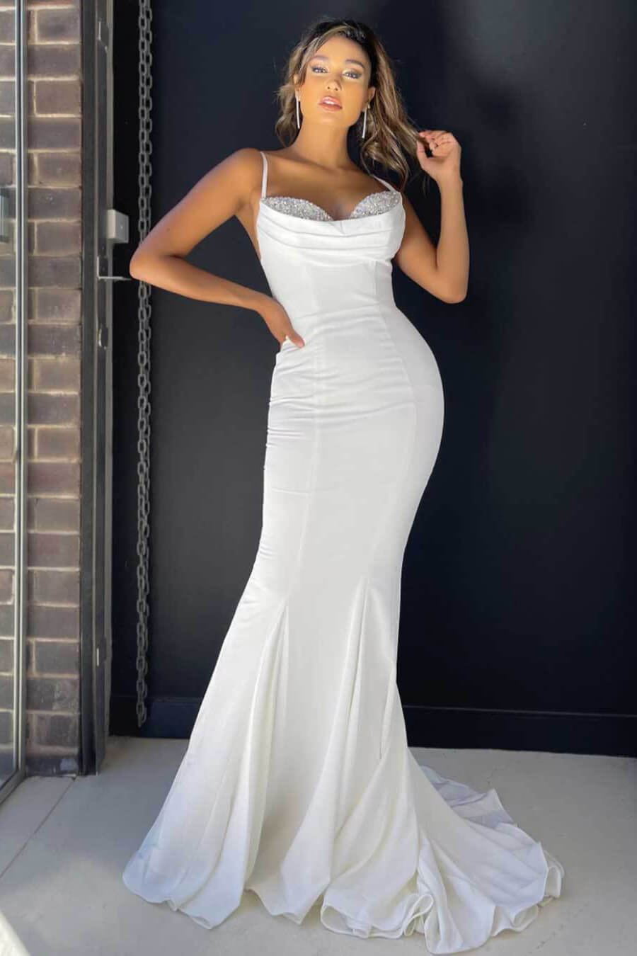 Chicloth Spaghetti-Straps Mermaid Prom Dress Long Sleeveless With Sequins