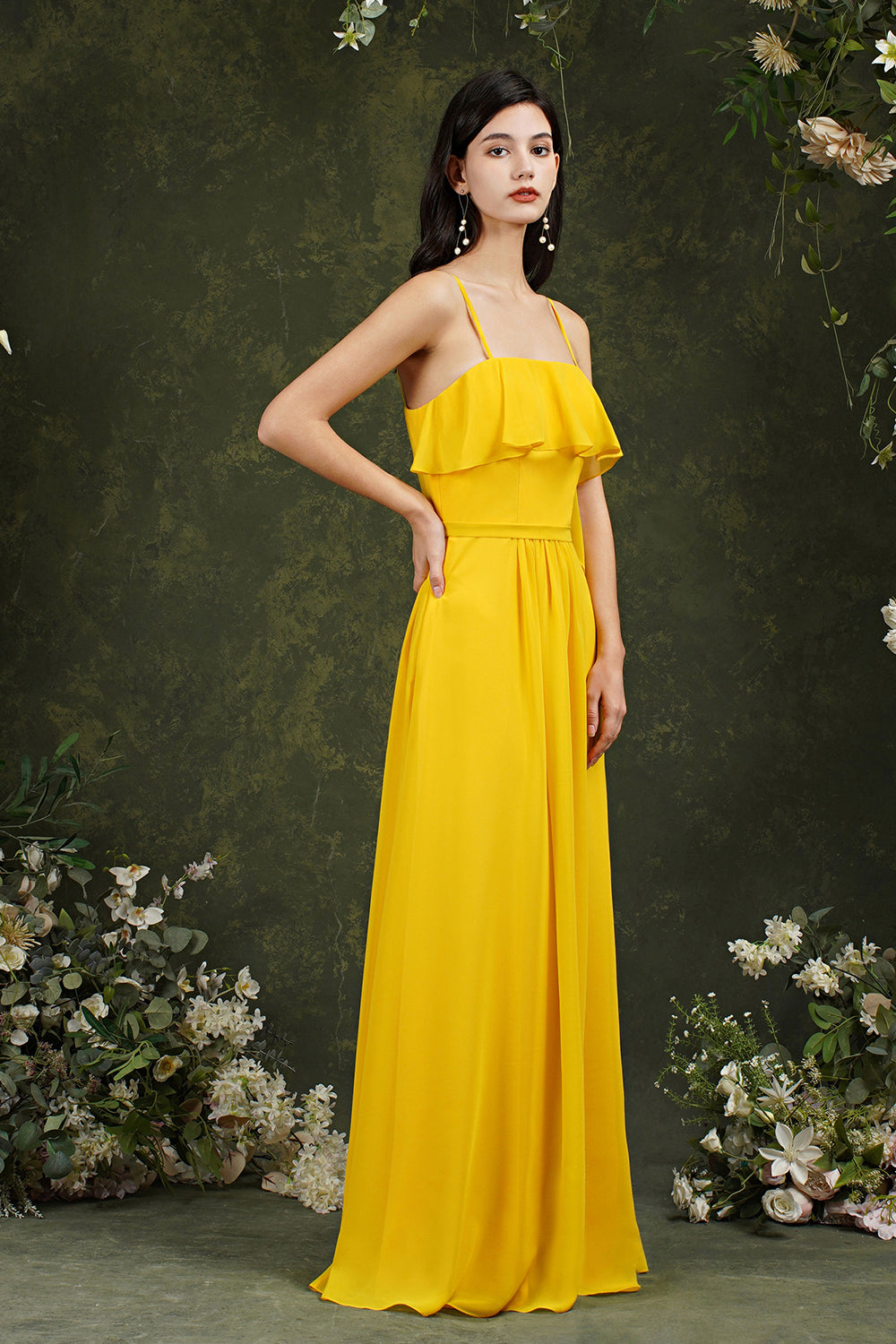 Chicloth Spaghetti-Straps Bridesmaid Dress Chiffon With Pockets Ruffles
