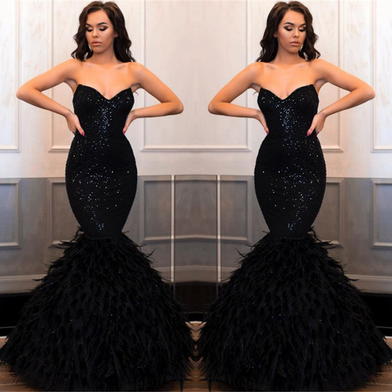 Chicloth Sweetehart Sequins Black Prom Dress Mermaid With Feather