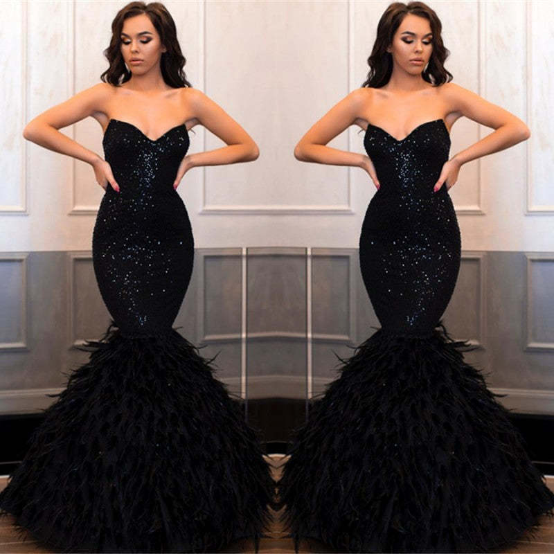 Chicloth Sweetehart Sequins Black Prom Dress Mermaid With Feather