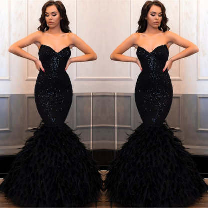 Chicloth Sweetehart Sequins Black Prom Dress Mermaid With Feather