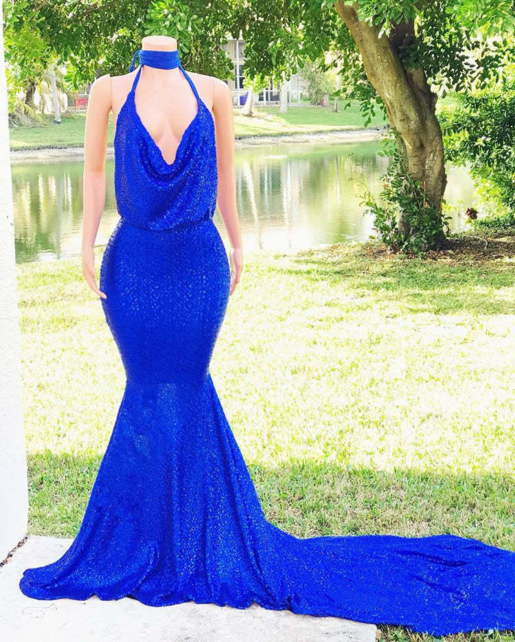 Chicloth Royal Blue V-Neck Mermaid Prom Dress Sequins Sleeveless Evening Gown