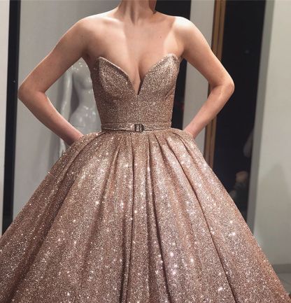 Chicloth Sweetheart Ball Gown Sequins Prom Dress Long Evening Party Gowns