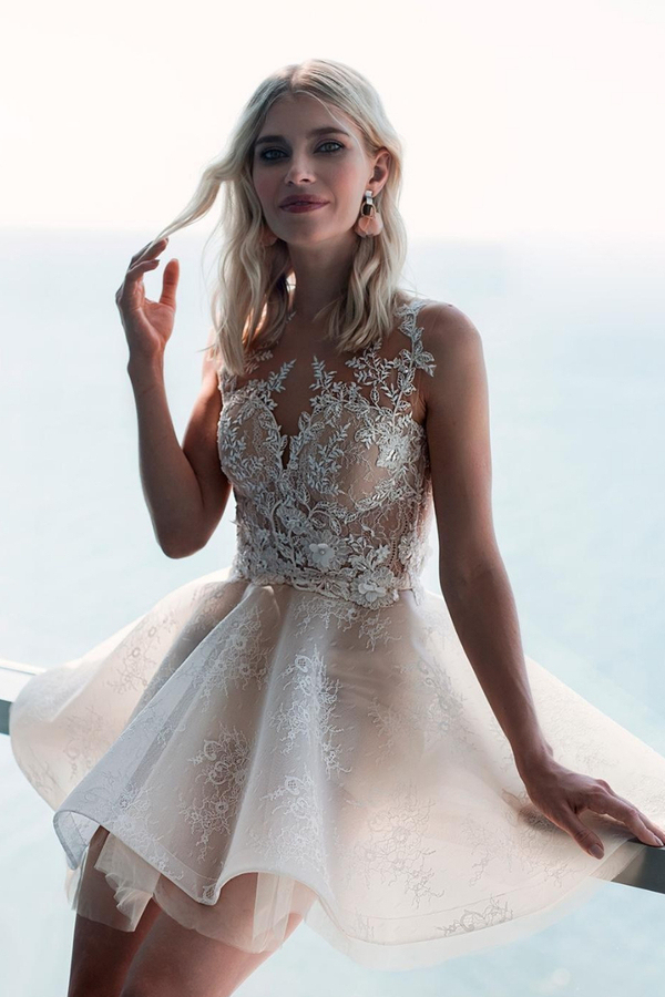 Ivory Sleeveless Lace Homecoming Dress with Puffy Flowers