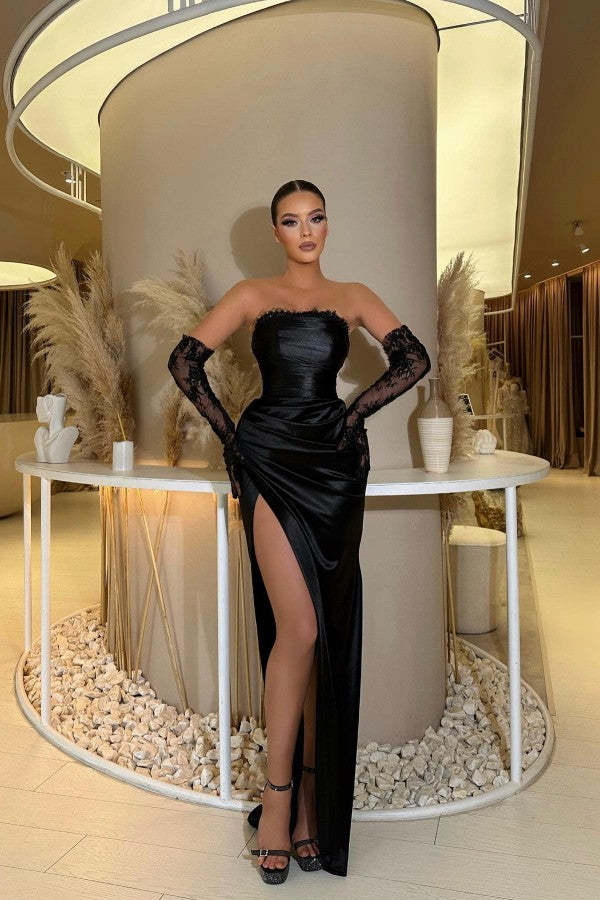 Chicloth Black Strapless Prom Dress Mermaid Long Slit On Sale