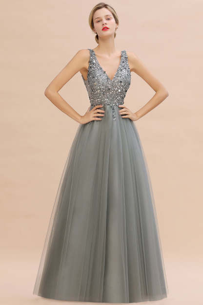 Chicloth Glamorous V-Neck Sleeveless Prom Dress Long Tulle Evening Gowns With Crystals