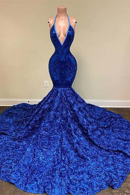 Chicloth Royal Blue V-Neck Prom Dress Mermaid Sleeveless With Sequins