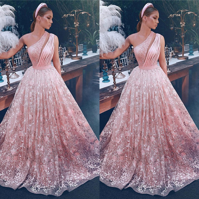 Chicloth Pink One Shoulder Prom Dress Lace Long Evening Party Gowns