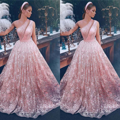 Chicloth Pink One Shoulder Prom Dress Lace Long Evening Party Gowns
